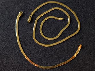 14k GOLD PLATED Sterling Silver Herringbone Chain And Bracelet Set 18 Inches