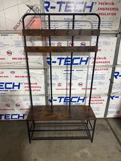 “Industrial Hall Tree Entryway Bench with Coat Hooks & Shoe Storage – Metal & Wood”