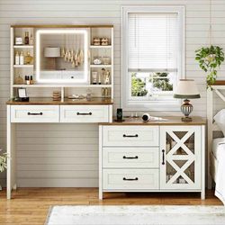 Farmhouse Vanity Desk with Lights & Power Strip Drawers Cabinets Brown