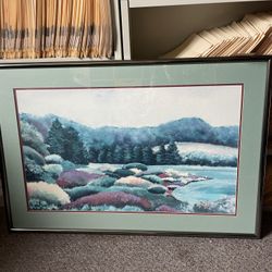 Large Framed Landscape Print – Serene Cool-Tone Forest Scene