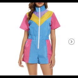 Yisfri Women 80's 90's Retro One Piece Zipper Jumpsuit Theme Party Outfits Windbreaker Rompers Tracksuit (Blue, XL