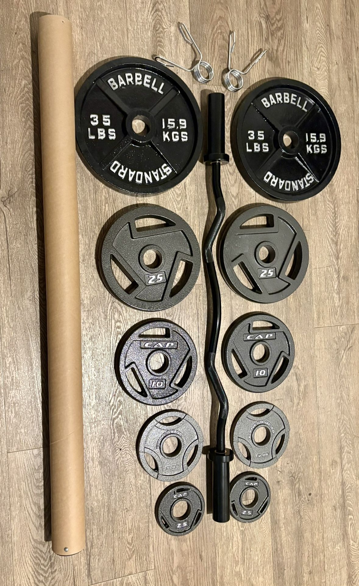 🕺🏽$30 Off Father’s day NO HOLD’S NEW Olympic Black Curl Bar With Pairs From 5s To 35s [total: 175 lbs)
