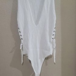 Womens Top Small Swimsuit Hera White Ribbed  Bodysuit 