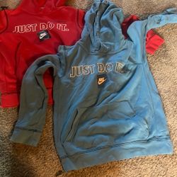 Nike Sportswear Just Do It Hoodie Sweatshirt Men Medium Red & Blue Pullover Embroidered Logo