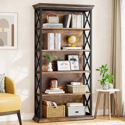 Modern 6-Tier Industrial Bookshelf – Metal Frame & Wood Shelves