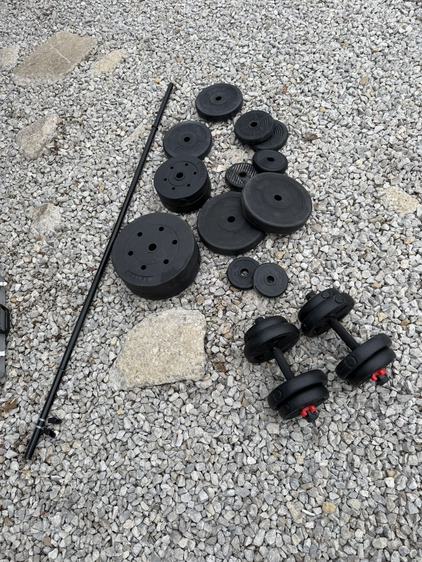 Vinyl Weight Plate Set -Straight Bar and Adjustable Dumbbell Pair