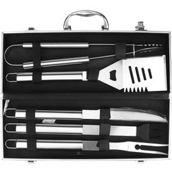 5 Piece BBQ Grill Tool Set, Heavy Duty Stainless Steel BBQ Grill Accessories Set with Aluminum Case, Thicker Spatula, Knife, Fork, Tongs & Oil Brush, 