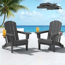 SERWALL Folding Adirondack Chair Set of 2 with Dual Cup Holders & Phone Holder, All-Weather HDPE Fire Pit Chairs for Outdoor, Patio, Poolside, Garden 