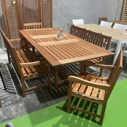 Modern 5PC Extendable Dining Set – FSC Solid Wood Rectangular Table w/ Benches & Chairs | Open Box | Commercial Grade Heavy Duty | Outdoor Patio | Clo