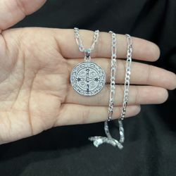 925 Sterling Silver Men St Benedict San Benito Medal & Figaro Chain