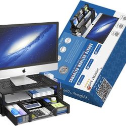 2-Tier Metal Monitor Stand and Desk Organizer with Drawer & Pen Holder for Laptop, Computer – Black
