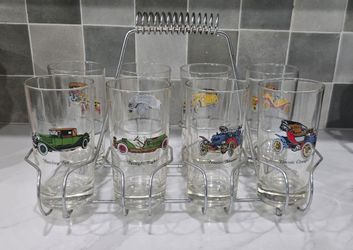 Vintage Set of 8 Avon Classic Car Glasses with Vintage Tray
