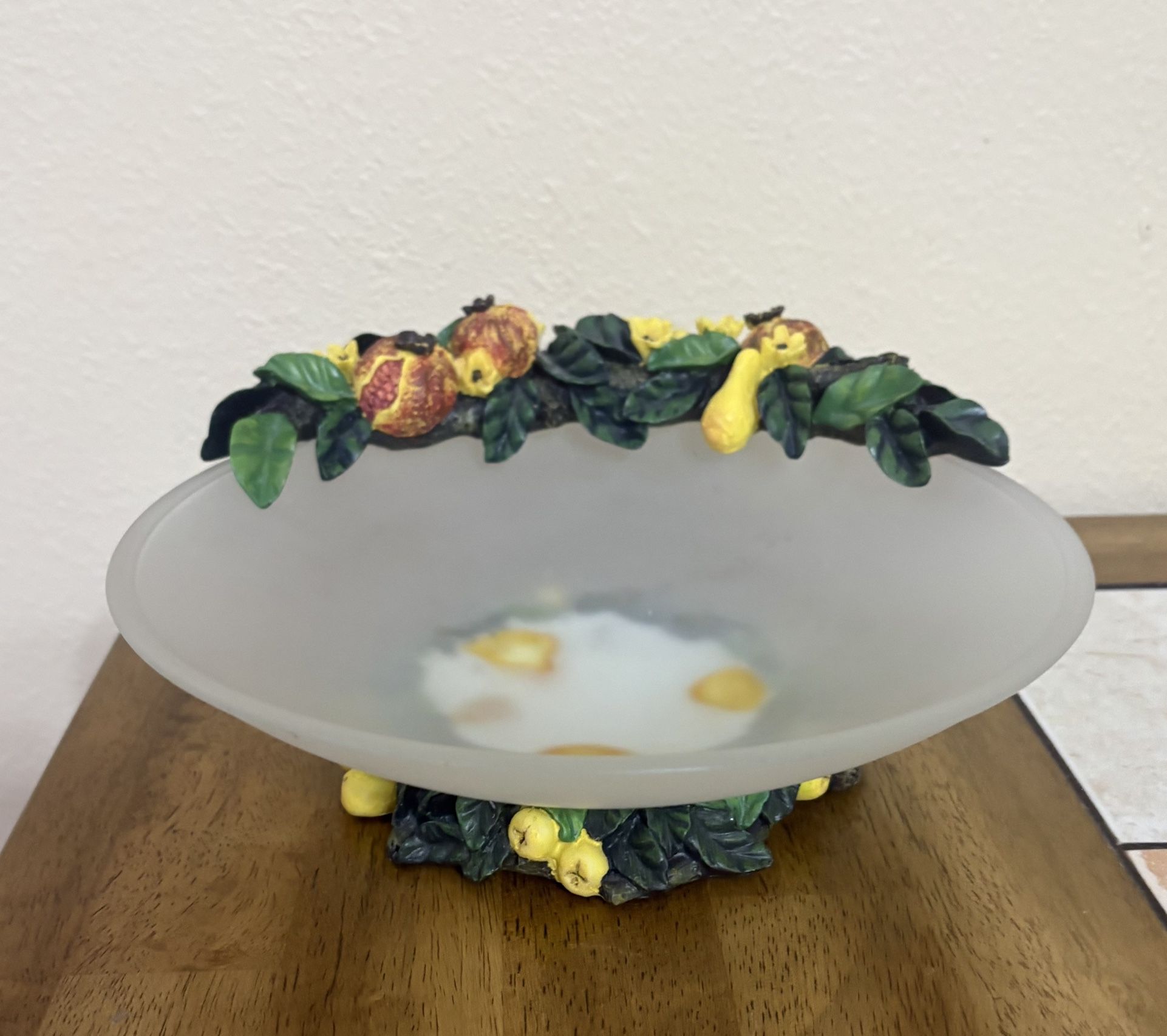 Vintage Frosted Glass Fruit Bowl W/3D Fruit Accent On Side & Pedestal