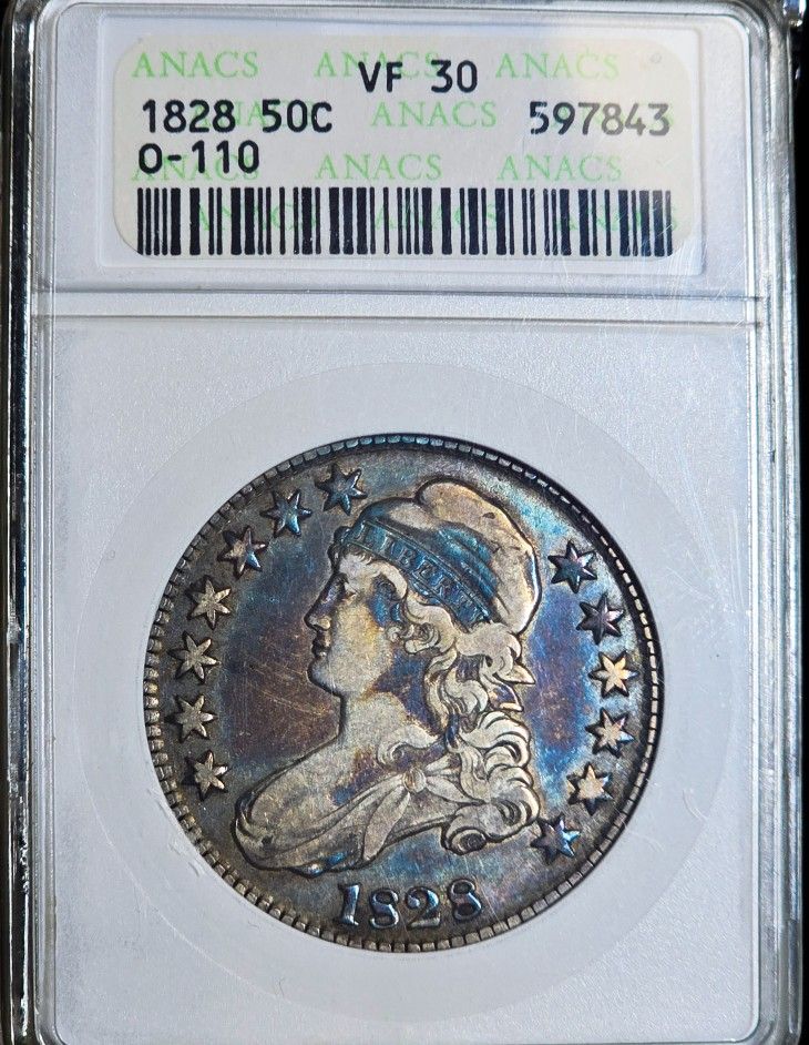 1828 Capped Bust Silver Half Dollar ANACS VF30 O-110 Rainbow Toned Coin Soapbox