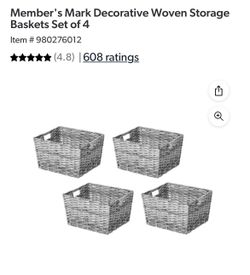 Set of 4-Gray Woven Storage Baskets-NEW-