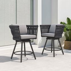 New -Outdoor Patio High Bar Chairs Set of 2,Swivel Rope Wicker Patio Dining Chairs with Removable Cushions,Charcoal
