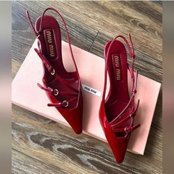 New Miu Miu Red Patent Leather Slingbacks With Buckles
