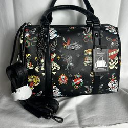 Ed Hardy Shoulder Bag Satchel Purse Love Kills Slowly Tattoo Graphic Handbag