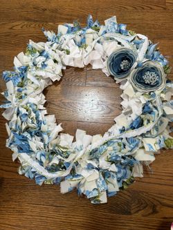 Handmade Shabby Chic Cottage Blue Rag Wreath 