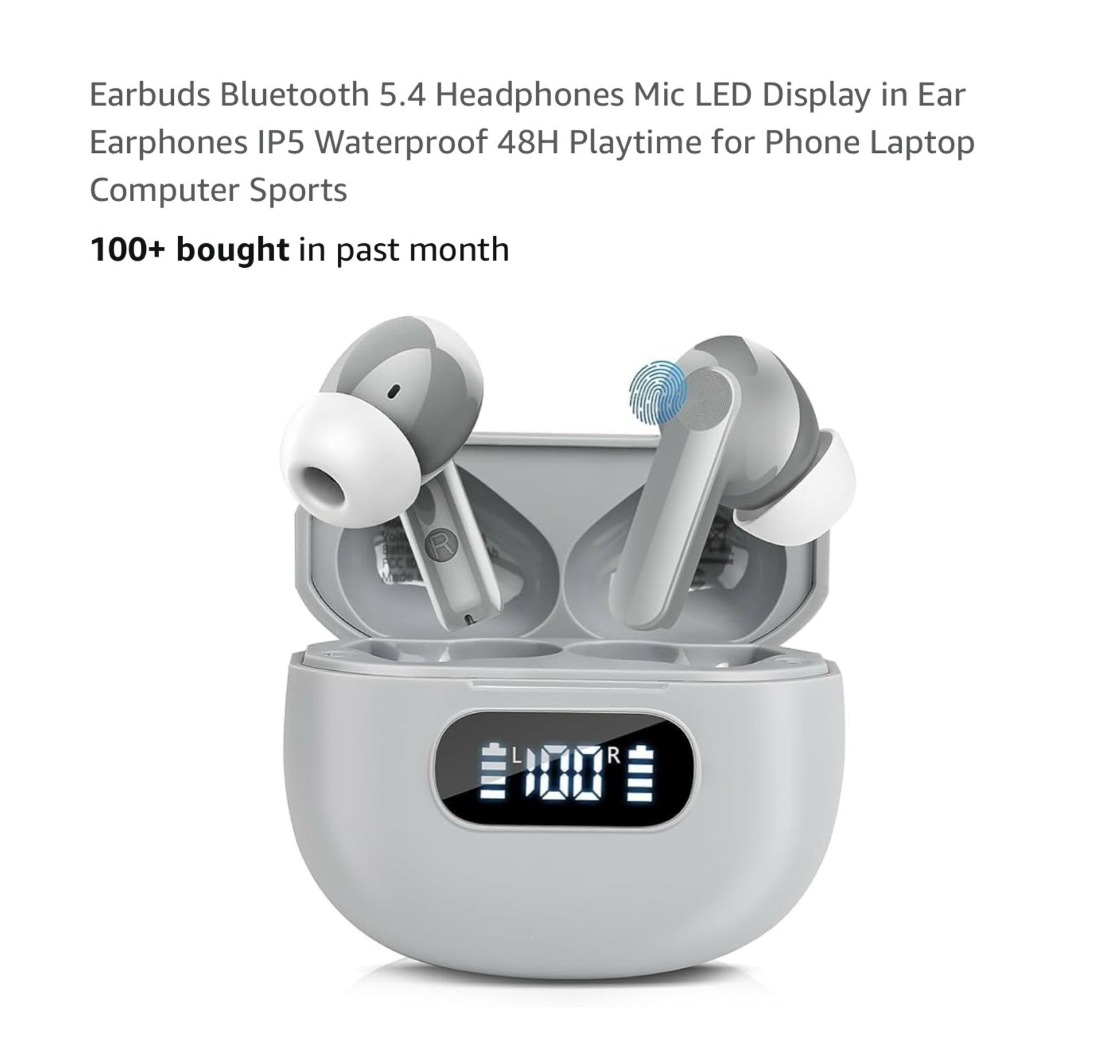 Brand new Earbuds Bluetooth 5.4 Headphones Mic LED Display in Ear Earphones IP5 Waterproof 48H Playtime for Phone Laptop Computer Sports Whitestone/F
