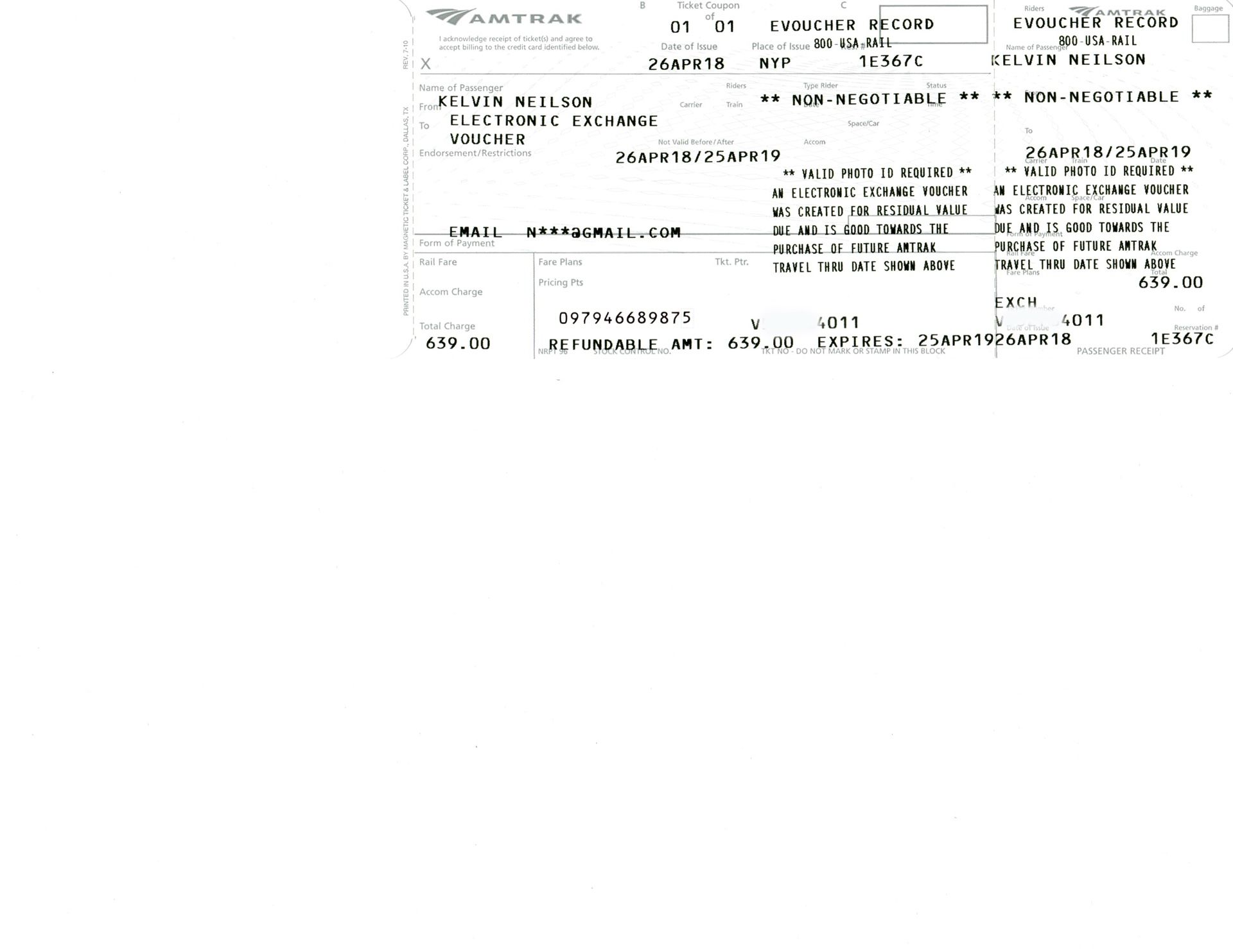 $807.00 Amtrak Evoucher