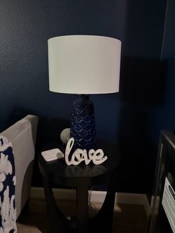 Blue ceramic lamp, white shade