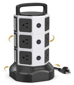 Power Strip Tower Surge Protector, JACKYLED 1625W 13A Outlet Surge Electric Tower, 12 Outlets 6 USB Ports Retractable Cord Charging Station with 16AWG