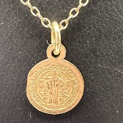 14KT Yellow Gold Filled Saint Benedict Medallion & Cross Medal Necklace 17” Long Dainty 