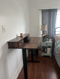 Electric Standing Desk (Like New) — Rustic Wood Top + Monitor Riser & Drawers