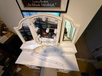White Vanity Dressing Table with Tri-Fold Mirror