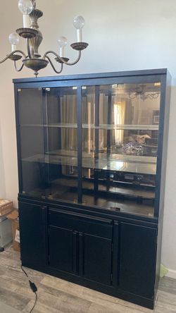 Solid oak China cabinet hutch black glass display $350 OBO