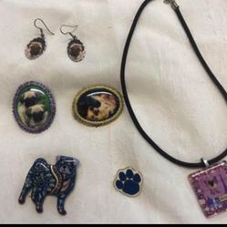 Pug Lovers -jewelry Lot Includes 4 Pins, Earrings & Necklace