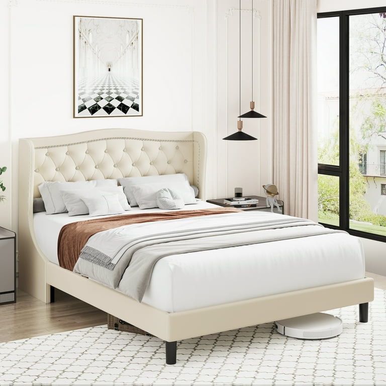 Queen Size Bed Frame, Modern Platform Bed Frame with Wing Back Button Tufted Upholstered Headboard, Wood Slat Support, Beige