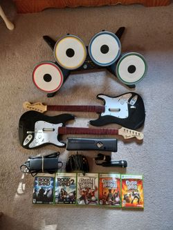 Xbox 360 Rock Band Guitar Hero Set Drums Guitars microphone 5 games