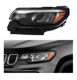 For 2022-2024 Jeep Compass Headlight Assembly, LED DRL + Halogen Headlamp, Chrome Housing Clear Lens, Direct Replacement  1AE 0AG (Drive