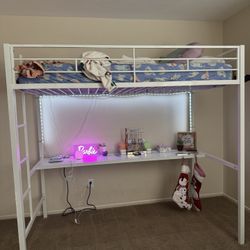 White Metal Loft Bed With Desk Below (Twin)