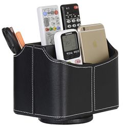 PU Leather Remote Control Holder Rotate 360 ​​degrees Desk Organizer Storage Box for Remote Caddy,TV Guide, Mobile Phone, Pen,Stationery and Media Sto