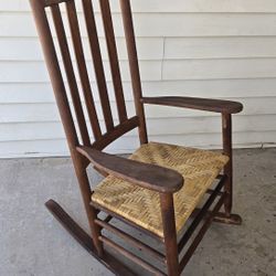 Vintage Woven Cane Rattan Oak Rocking Chair, Inside Home Decor or Outside Patio Decor