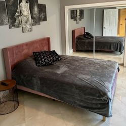 Queen Size Pink Velvet Bed Frame And Mattress  