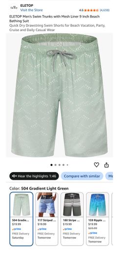 ELETOP Men's Swim Trunks with Mesh Liner