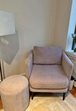 West Elm Auburn light pink chair and ottoman