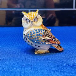 Stunning Ukrainian Owl Figurine Trinket Box. Hand Painted Enamel And Crystals 