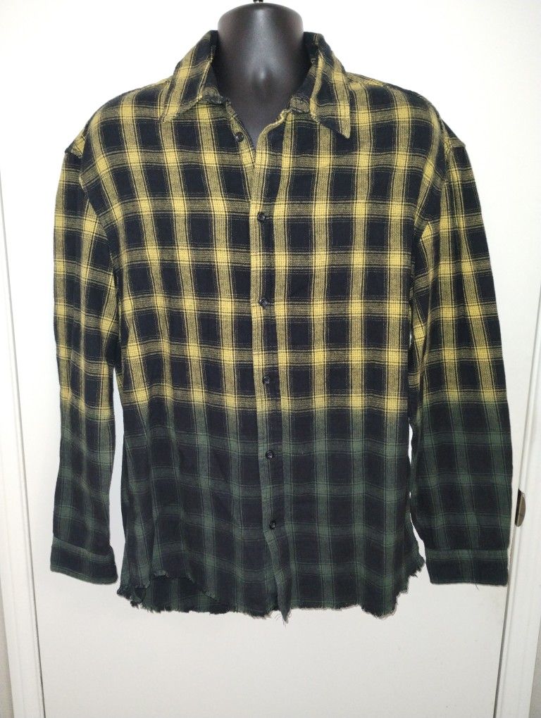 Fashion Nova Men’s Large Gradient Yellow-to-Green Flannel Shirt Rugged Cotton