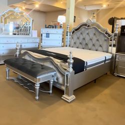 Stunning Silver and Grey Tuft Bedroom Set - Dresser with Mirror - Chest - Nightstands - Bed Bench - SAME DAY DELIVERY - NO CREDIT NEEDED