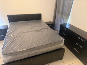 Queen bed frame with mattress 2 nightstand y Dresser all new furniture free delivery free installation