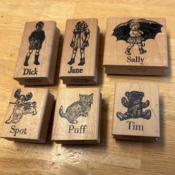 6 Vintage Dick, Jane, Sally, Spot, Puff And Tim Craft Rubber Stamps 