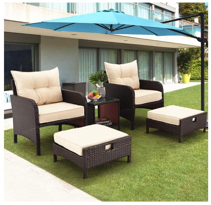 5 Pieces Patio Furniture Set,Outdoor Rattan Chairs with Tempered GlassCoffee Table, Ottomans & Soft CushionsWicker Conversation Bistro Set for Garden