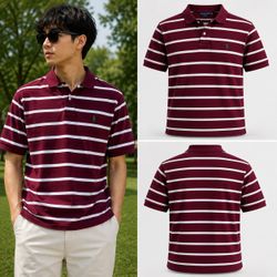 Ralph Lauren Polo Shirt Men’s Burgundy White Striped Short Sleeve Classic Polo