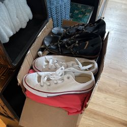Box Of Size Small Clothes And Converse And Sorel Size 6 Shoes