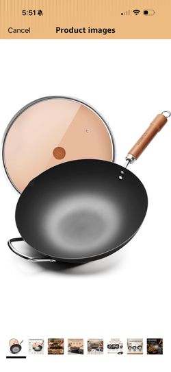 WANGYUANJI Carbon Steel Wok with Lid, 12.6 Inch Flat Bottom Wok Pan, Uncoated Stir Fry Pan with Wooden Handle, Chinese Wok for Gas, Electric, Inductio